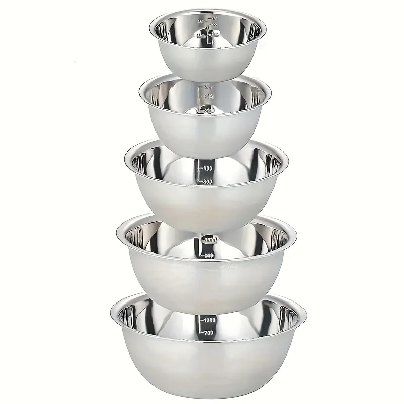 5-Piece Stainless Steel Mixing Bowls Set - Various Sizes with Scale Inside, Mirrored Metal Salad Bowls, Deeper Rim Design