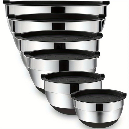 Mixing Bowls with Airtight Lids 6 piece Stainless Steel Metal Nesting Storage Bowls, Non-Slip Bottoms Great for Mixing Serving