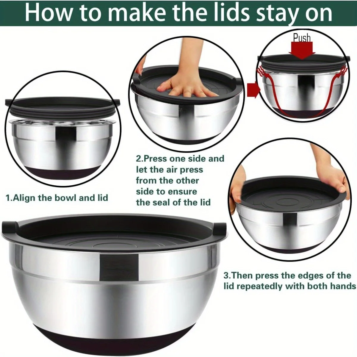 Mixing Bowls with Airtight Lids 6 piece Stainless Steel Metal Nesting Storage Bowls, Non-Slip Bottoms Great for Mixing Serving