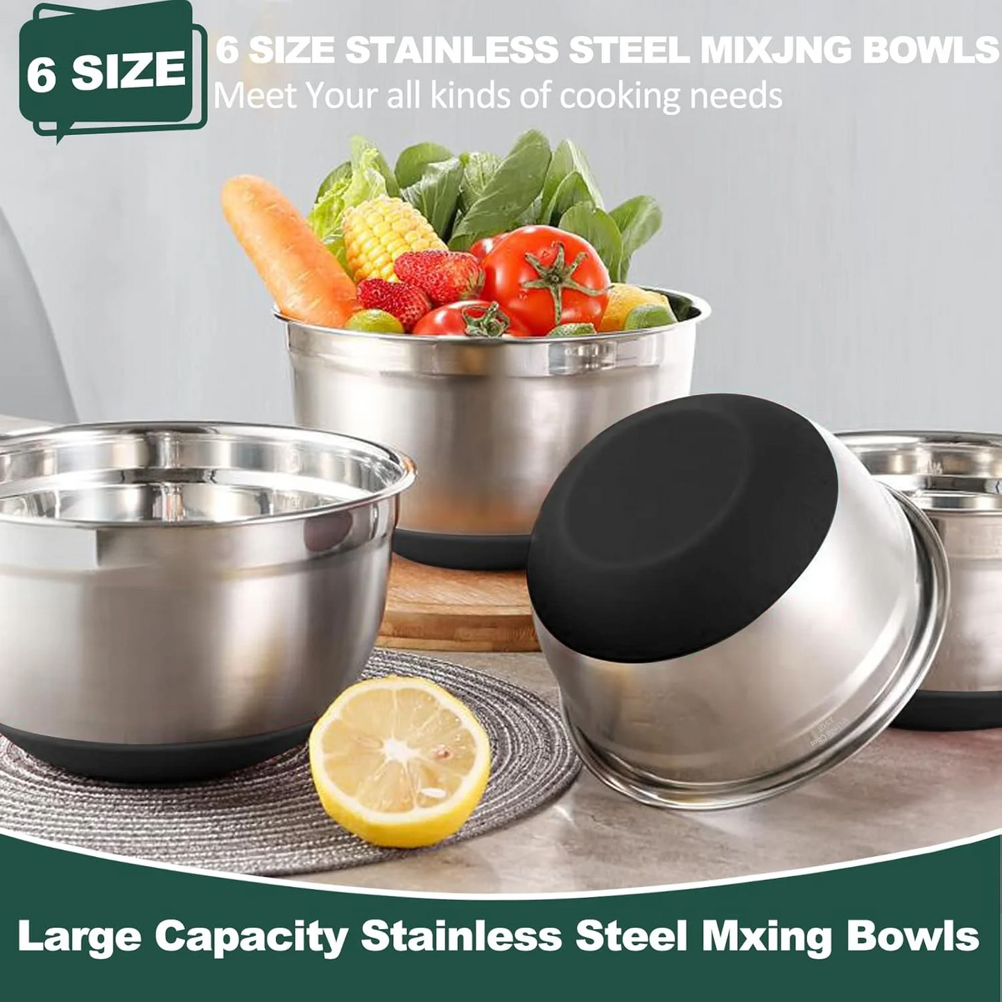 Mixing Bowls with Airtight Lids 6 piece Stainless Steel Metal Nesting Storage Bowls, Non-Slip Bottoms Great for Mixing Serving