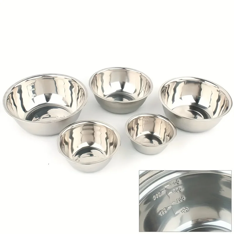 5-Piece Stainless Steel Mixing Bowls Set - Various Sizes with Scale Inside, Mirrored Metal Salad Bowls, Deeper Rim Design