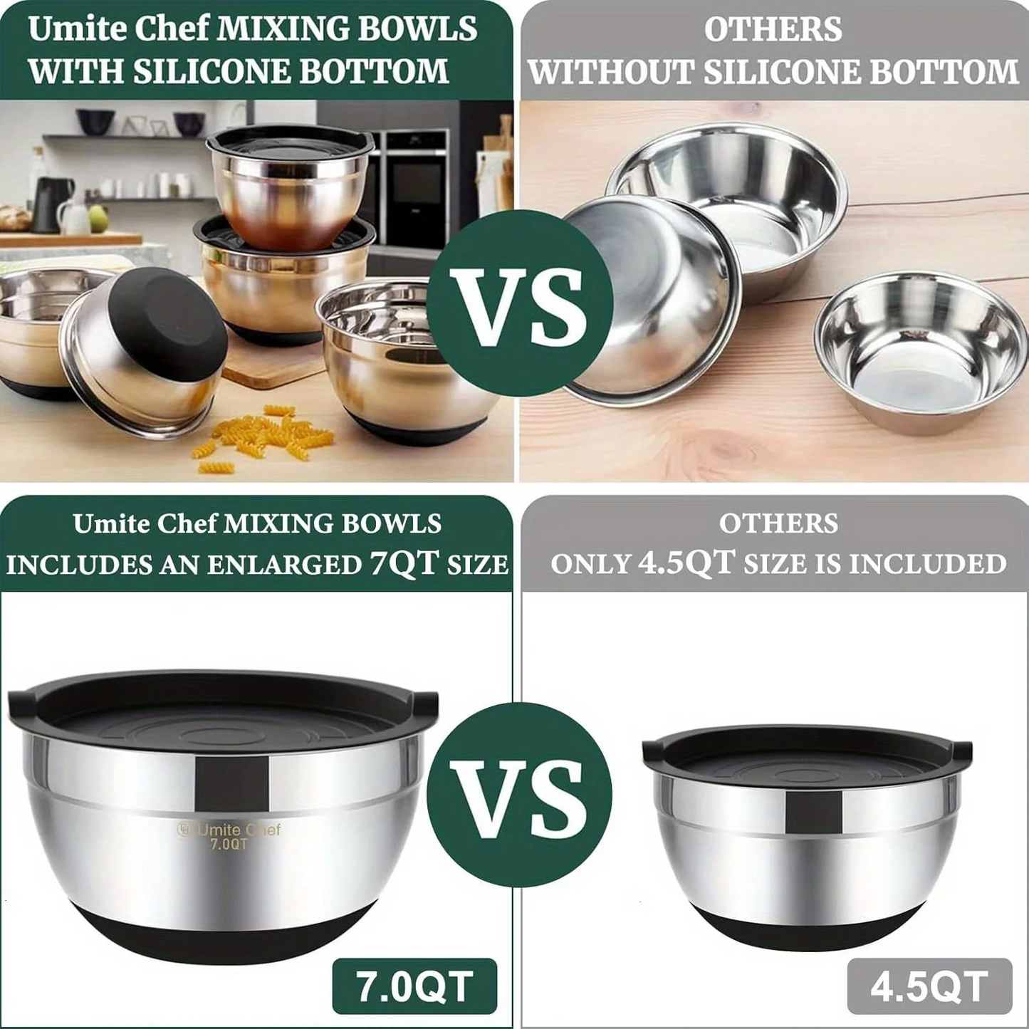 Mixing Bowls with Airtight Lids 6 piece Stainless Steel Metal Nesting Storage Bowls, Non-Slip Bottoms Great for Mixing Serving