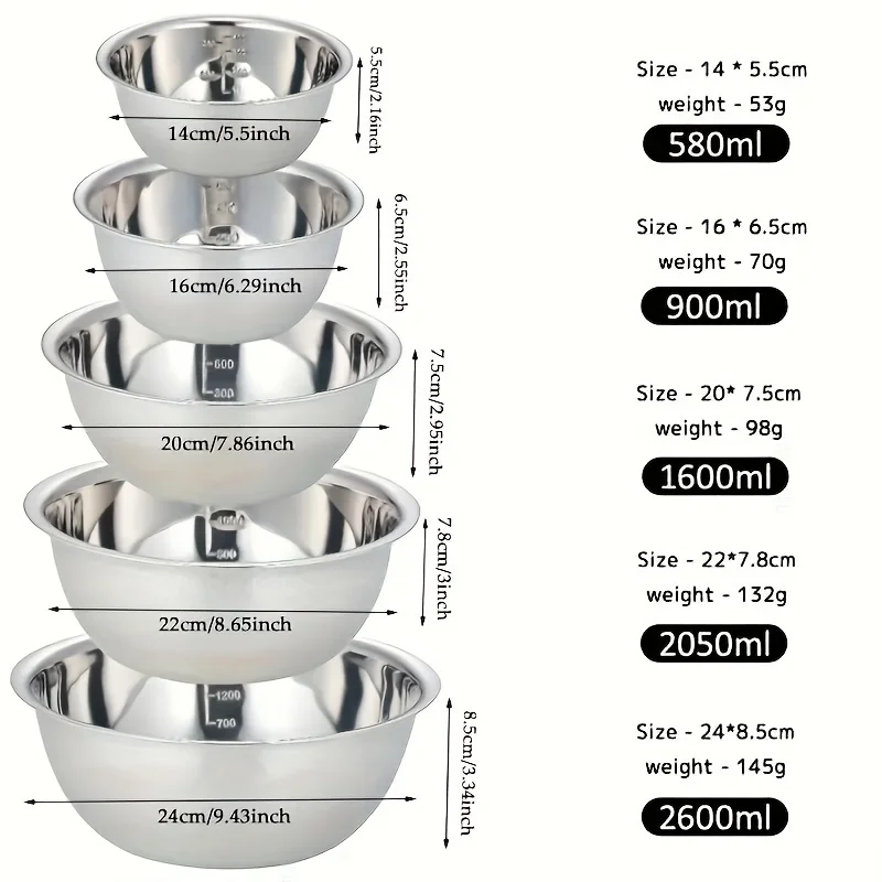 5-Piece Stainless Steel Mixing Bowls Set - Various Sizes with Scale Inside, Mirrored Metal Salad Bowls, Deeper Rim Design