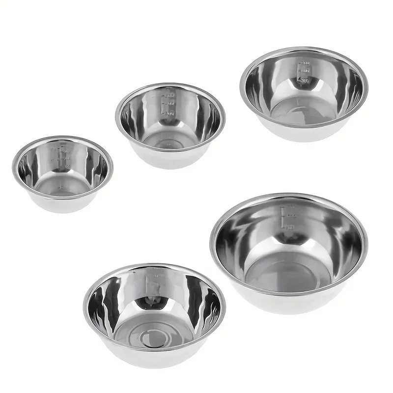 5-Piece Stainless Steel Mixing Bowls Set - Various Sizes with Scale Inside, Mirrored Metal Salad Bowls, Deeper Rim Design